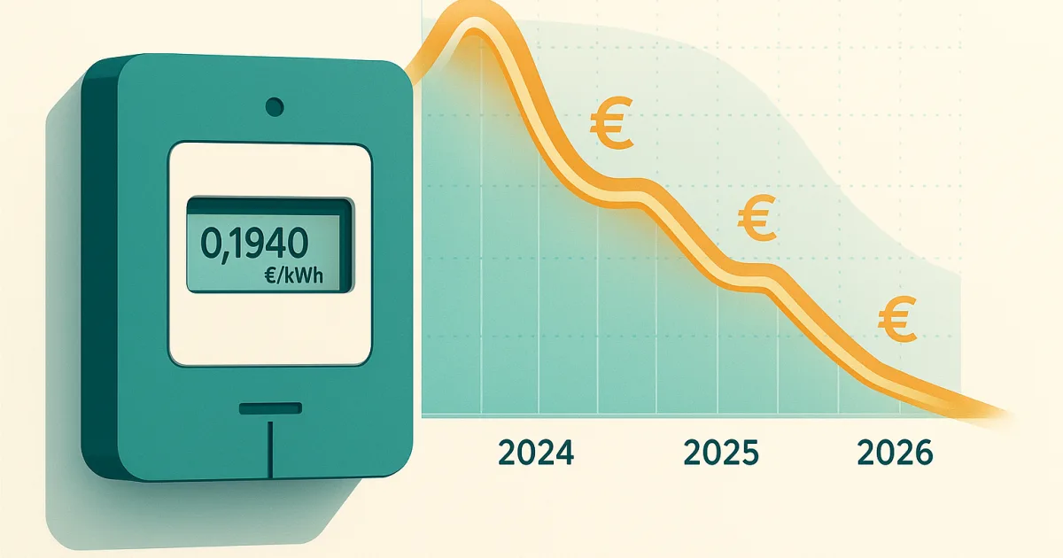 Compteur Linky avec courbe d'évolution du prix du kWh en hologramme, de 2024 à 2026