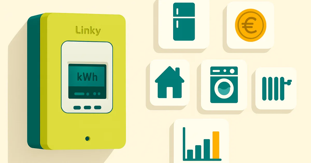 Illustration éditoriale d'un compteur Linky entouré de pictogrammes d'appareils domestiques et de mesures de consommation électrique
