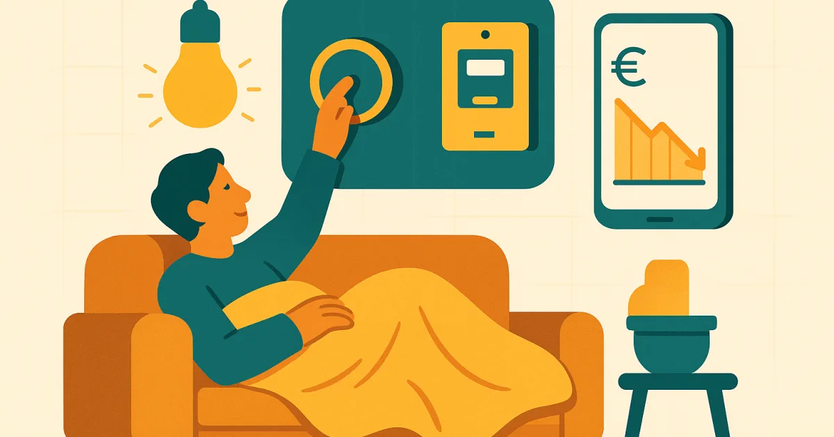 Foyer qui réduit sa facture d'électricité : thermostat baissé, ampoules LED et suivi de consommation sur smartphone face à un compteur Linky