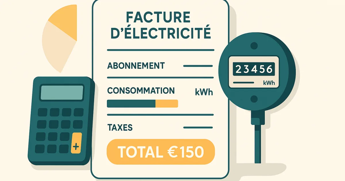 Illustration éditoriale d'une facture d'électricité française détaillée : abonnement, consommation en kWh, taxes et coordonnées du fournisseur