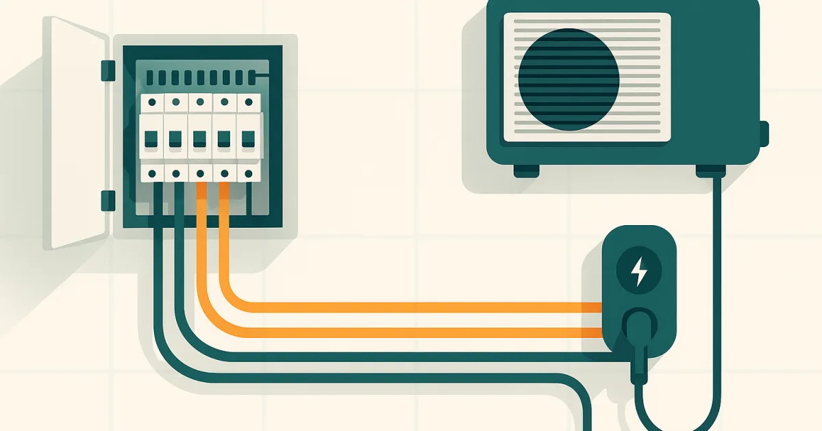 Illustration éditoriale : un tableau électrique triphasé alimentant une pompe à chaleur et une borne de recharge sur trois phases équilibrées