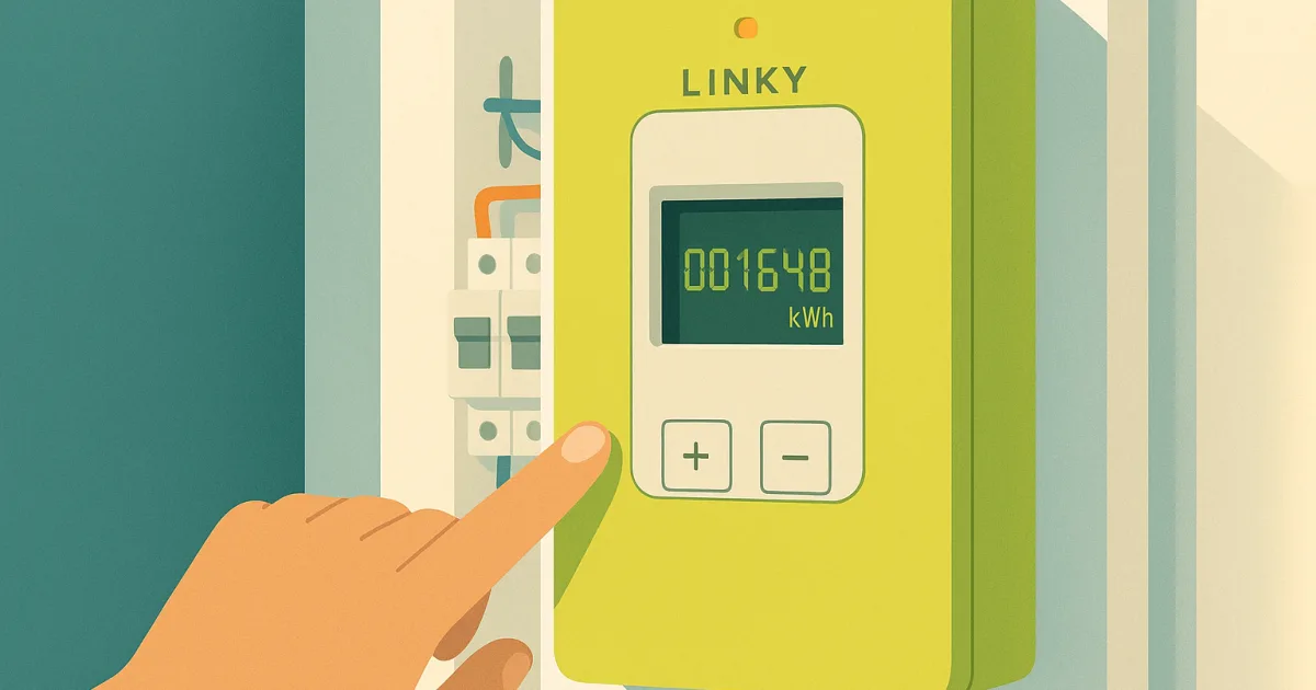 Compteur Linky vert fluo avec écran allumé et boutons de navigation, dans une installation électrique résidentielle