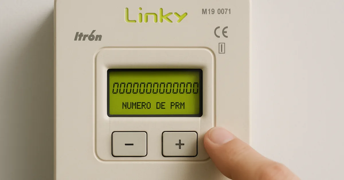 Compteur Linky affichant le numéro PRM à 14 chiffres après pression sur la touche +