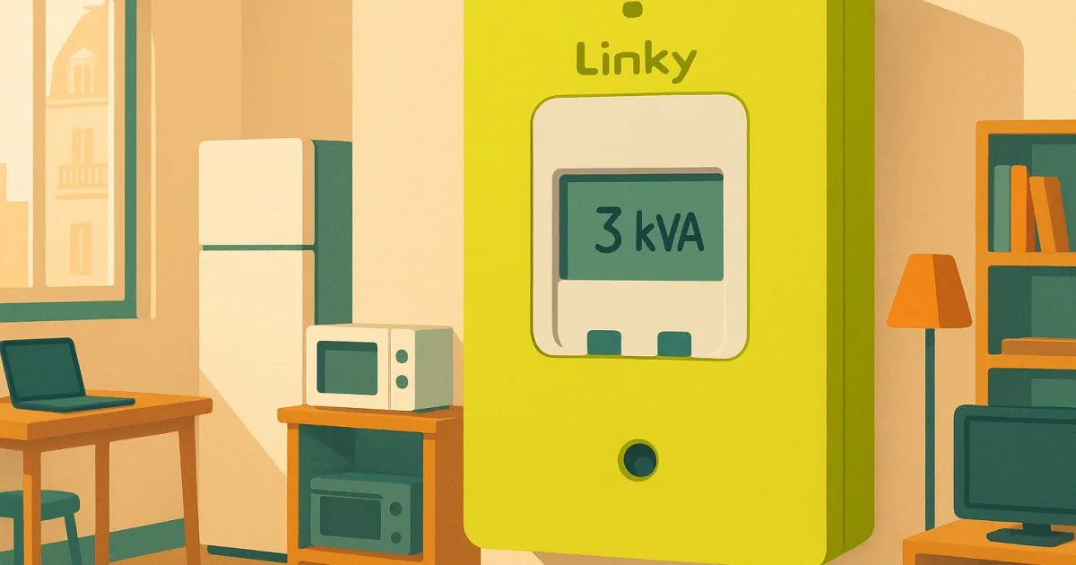 Compteur Linky affichant 3 kVA dans un studio équipé d'un frigo, box internet, ordinateur et lampes LED