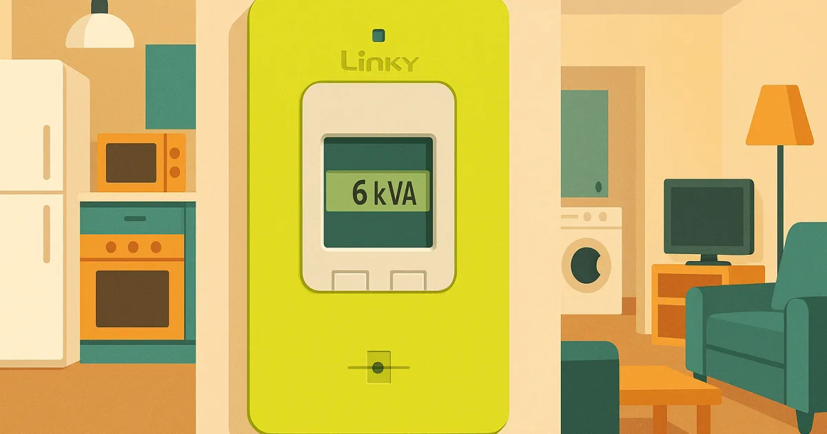 Compteur Linky affichant 6 kVA dans une maison équipée d'une cuisine, salon avec TV, lave-linge et chauffage électrique modéré