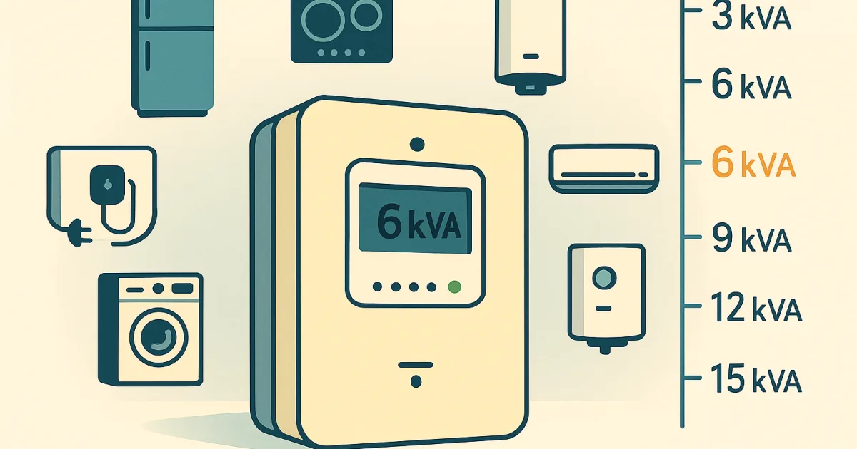 Compteur Linky affichant 6 kVA entouré des principaux appareils électroménagers et d'une échelle de puissance en kVA