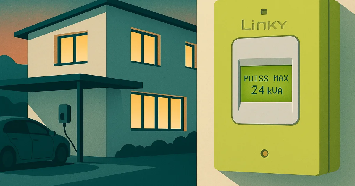 Compteur Linky triphasé affichant 24 kVA dans une maison équipée d'une PAC haute puissance et d'une borne de recharge 22 kW