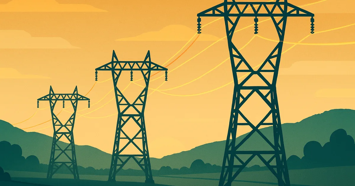 Pylônes très haute tension du réseau RTE au crépuscule, illustrant le transport d'électricité longue distance en France