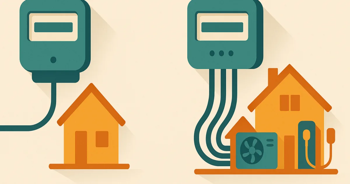 Illustration éditoriale : un compteur monophasé à une phase face à un compteur triphasé à trois phases alimentant une pompe à chaleur et une borne de recharge