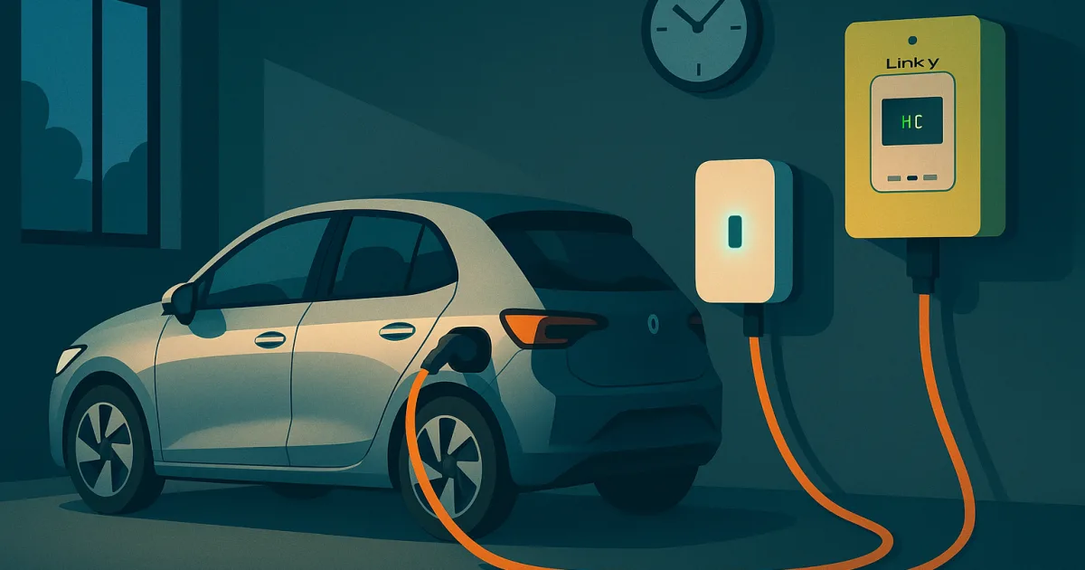 Voiture électrique en recharge sur une borne domestique pendant les heures creuses de nuit, avec compteur Linky affichant le mode HC actif