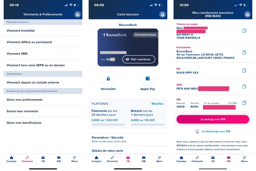 Aperçu des écrans de l'application BoursoBank