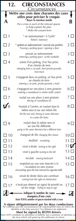 Constat amiable - case 12 circonstances