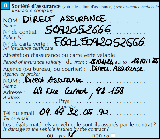 Constat amiable - case 8 assureur