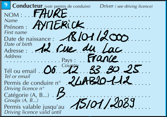 Constat amiable - case 9 conducteur