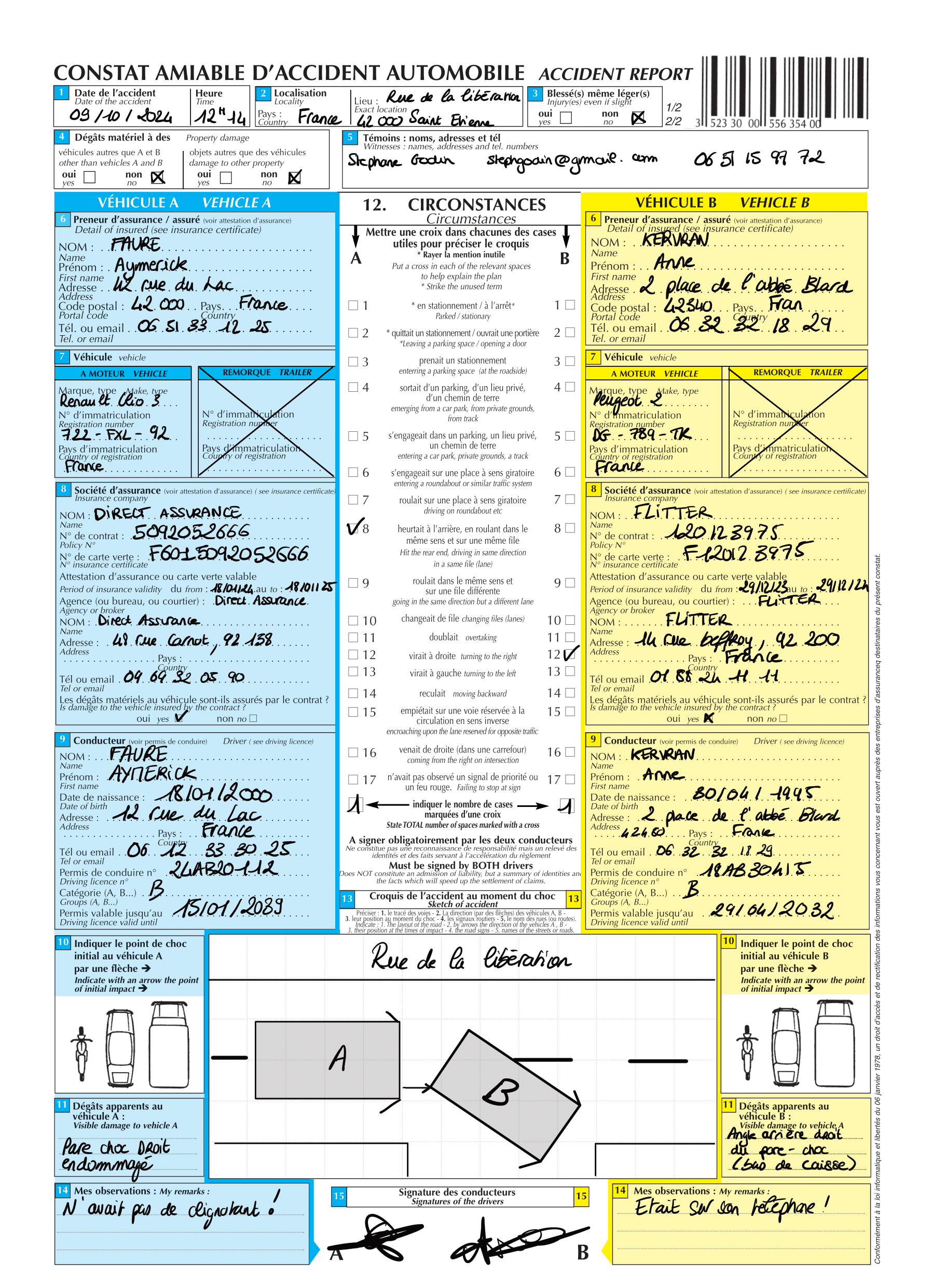 Exemple de recto de constat amiable rempli