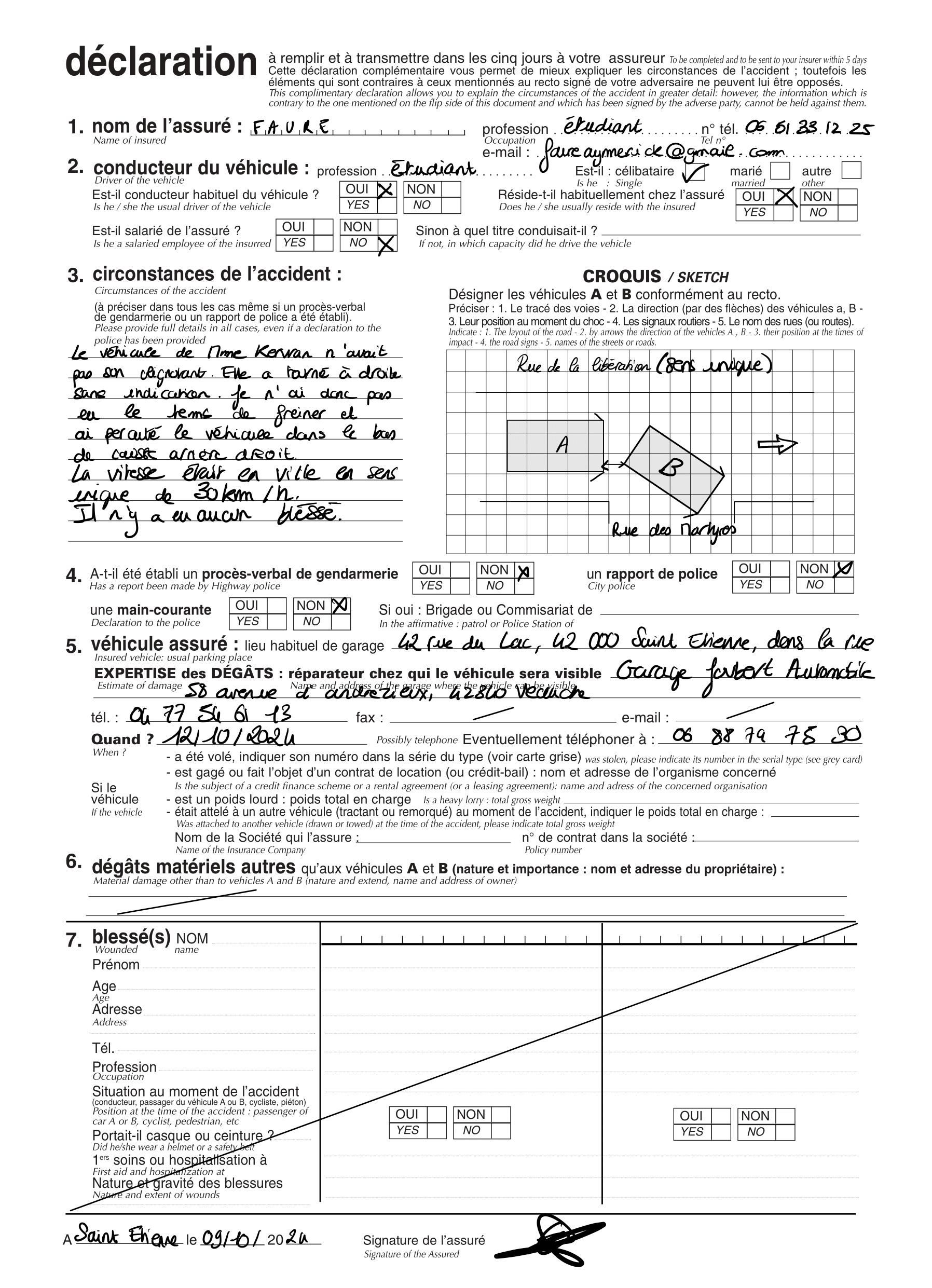 Exemple de verso de constat amiable rempli