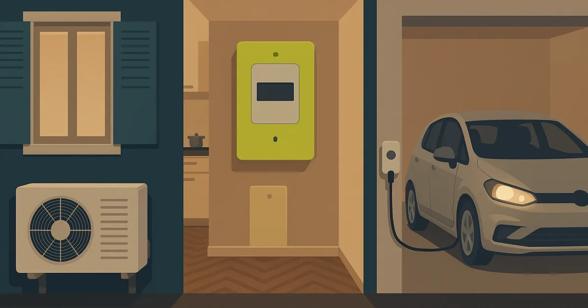 Compteur Linky triphasé affichant 18 kVA dans une maison équipée d'une PAC haute puissance et d'une borne de recharge 11 kW
