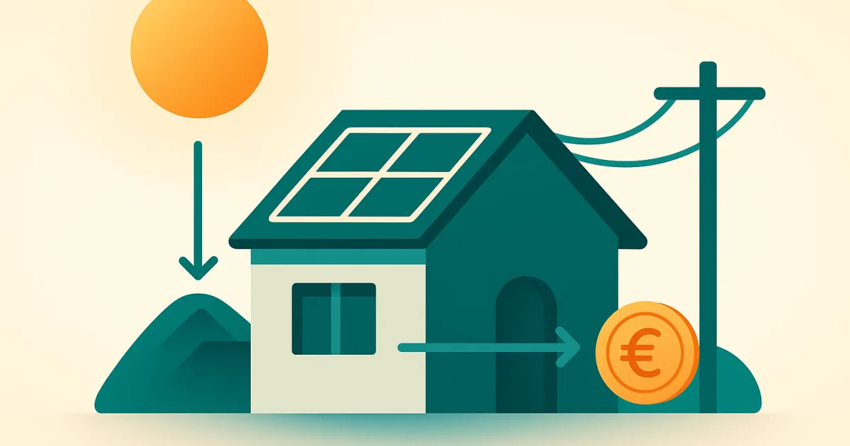 Illustration de la revente du surplus d'électricité solaire au réseau.