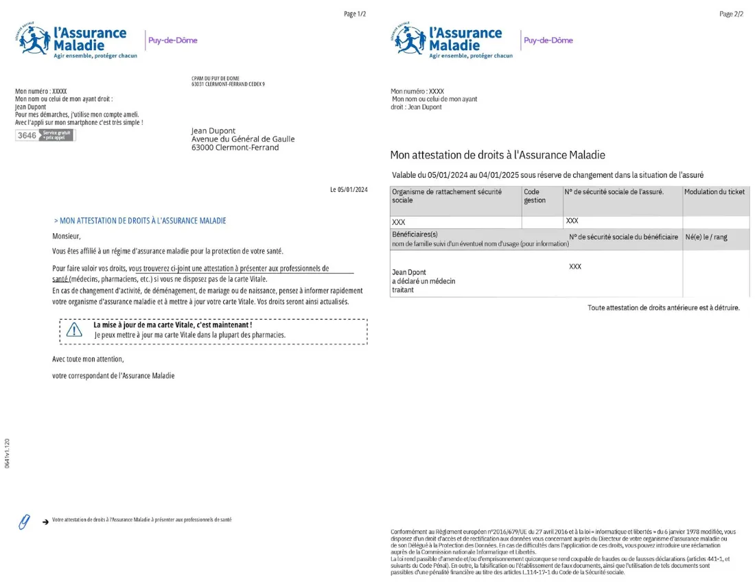 Exemple d'attestation de Sécurité sociale