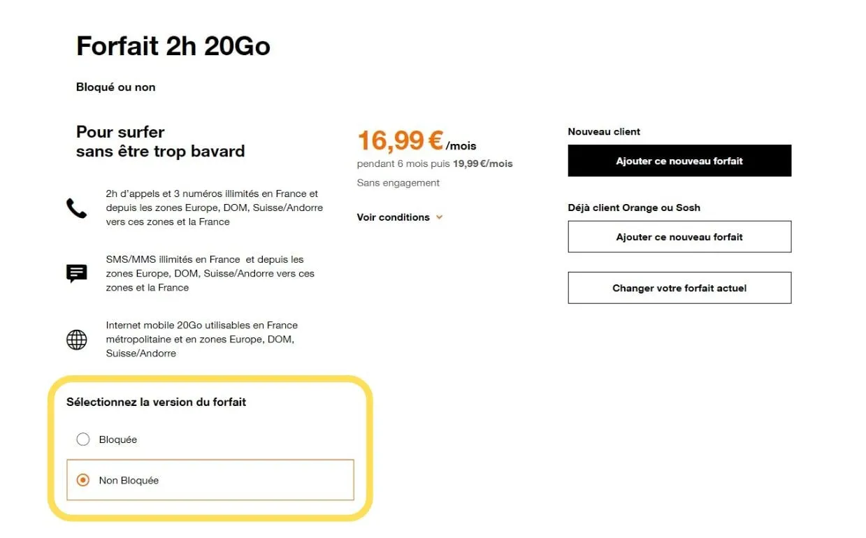 Choix de l'option forfait bloqué Orange à la commande