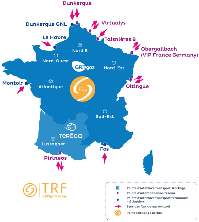 Carte du réseau de transport de gaz en France : zones NaTran (ex-GRTgaz) et Teréga