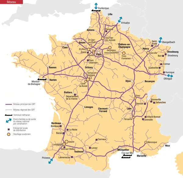 Carte du réseau de transport de gaz français