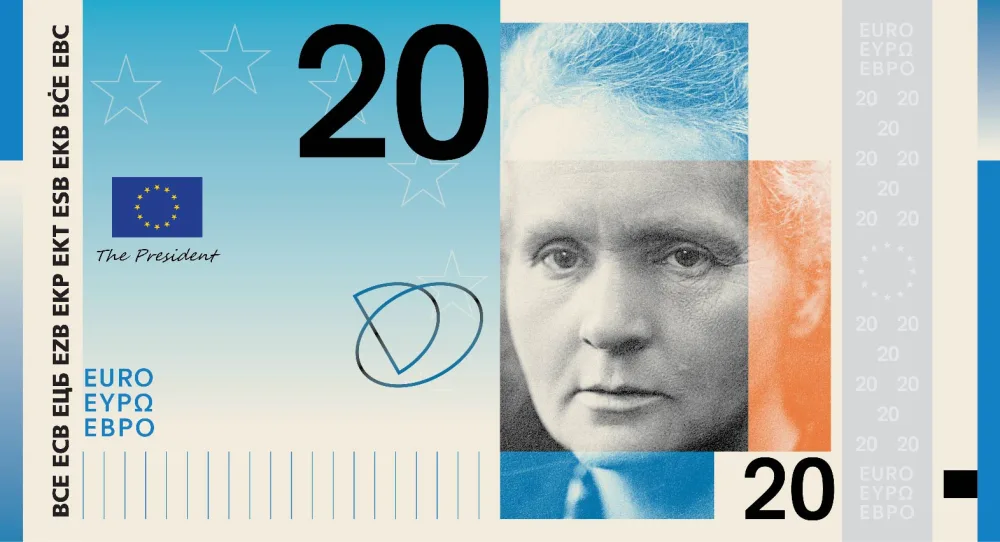Maquette d'un billet de 20 euros du thème La culture européenne à l'effigie de Marie Curie