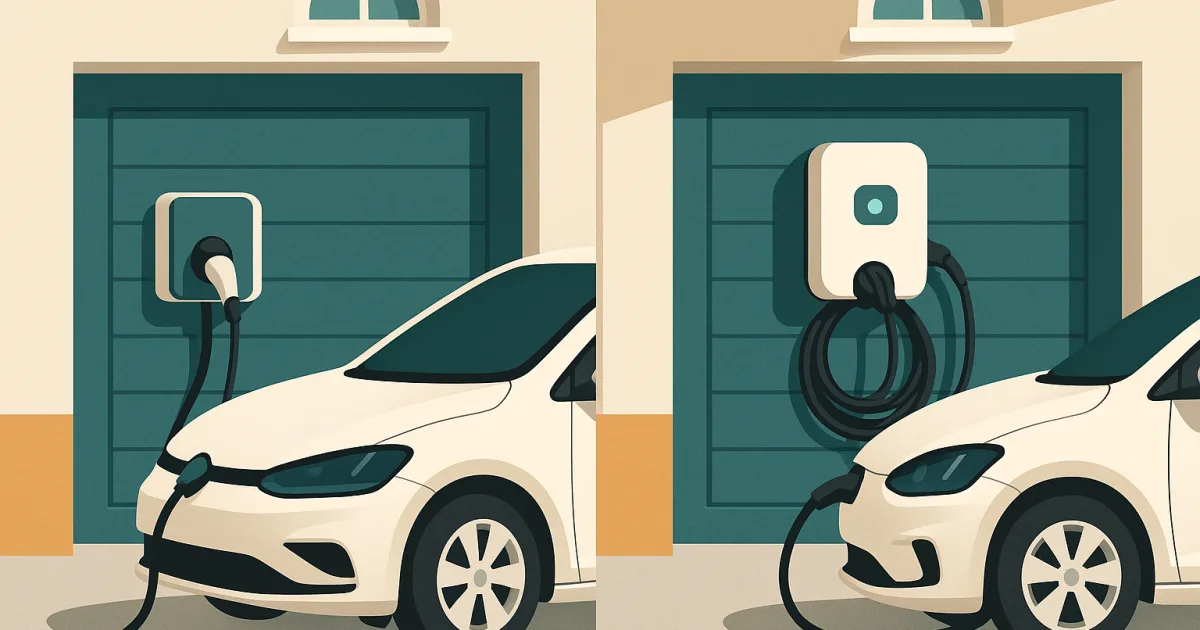 Câble de recharge branché sur une prise renforcée murale dans un garage de maison