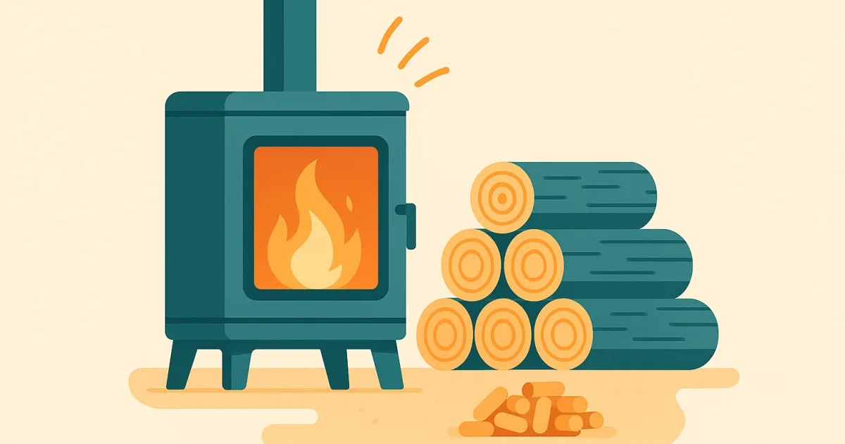 Illustration du chauffage au bois avec un poêle, des bûches et des granulés.