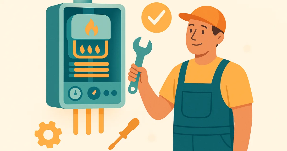 Illustration d'un technicien réalisant l'entretien annuel d'une chaudière murale.