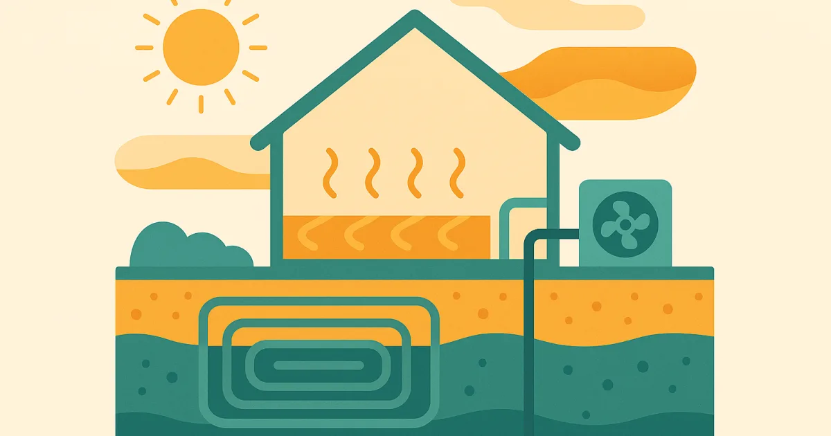 Illustration d'une pompe à chaleur géothermique avec capteurs enterrés sous une maison.