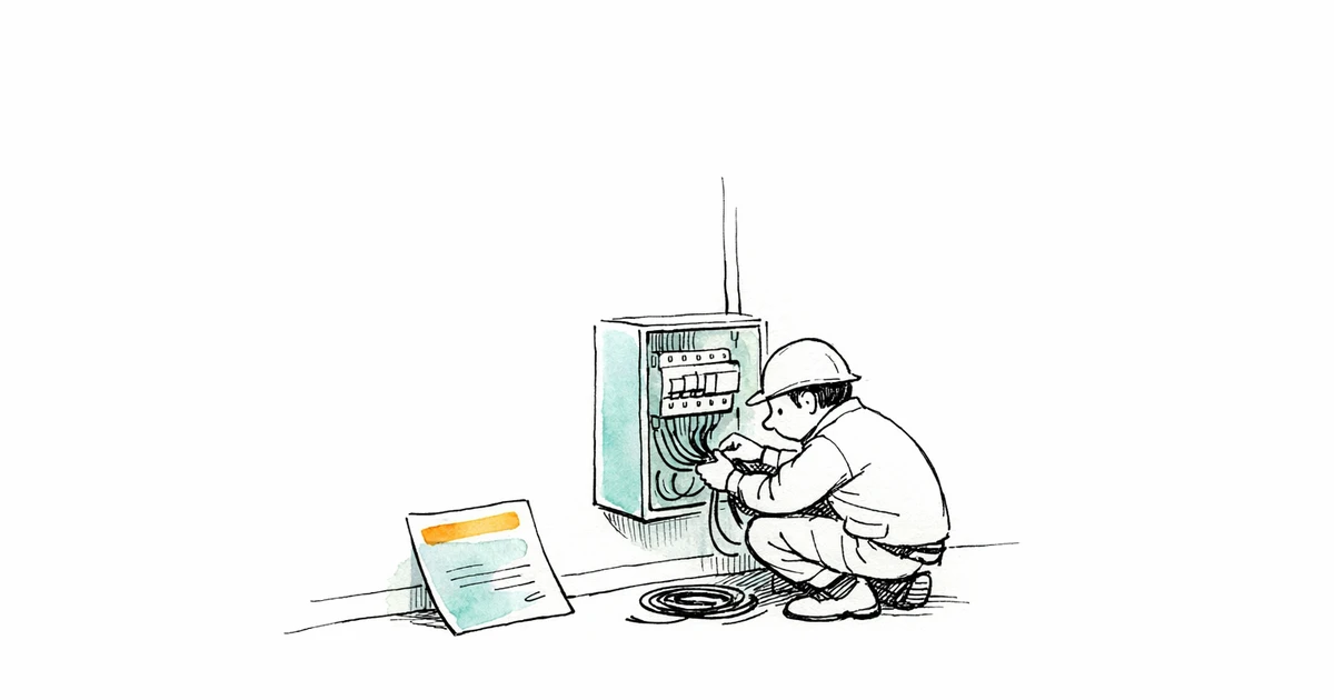 Illustration éditoriale : électricien et tableau électrique, avec attestation de conformité Consuel posée à côté