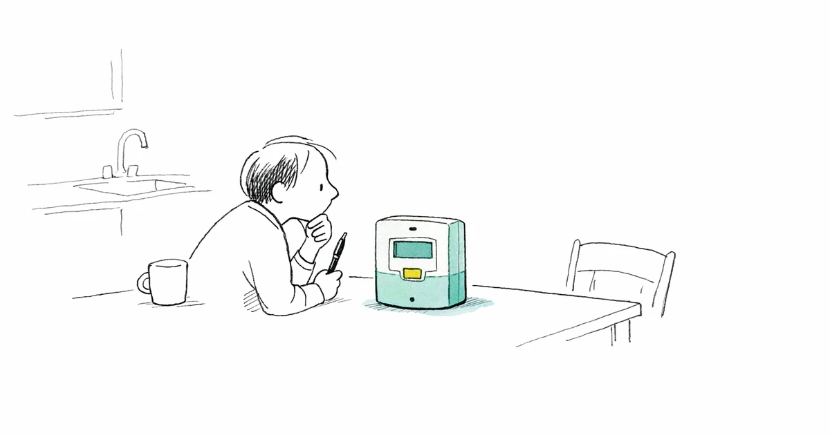 Personnage examinant un compteur électrique aux chiffres figés, illustration éditoriale teal et orange du prix fixe