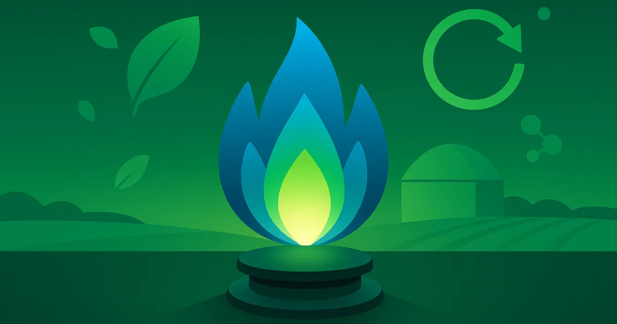 Illustration éditoriale : une flamme de gaz vert alimentée par du biométhane issu de la méthanisation de déchets organiques