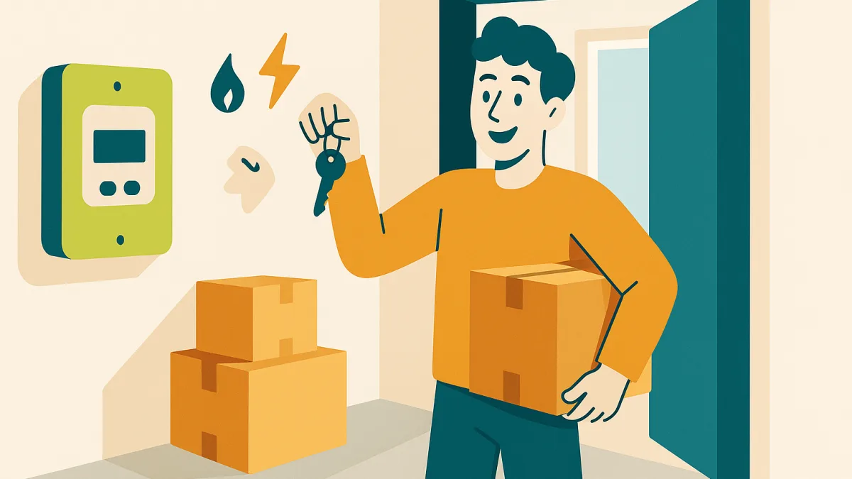 Illustration éditoriale : jeune locataire emménageant, clés et carton de déménagement devant un compteur Linky