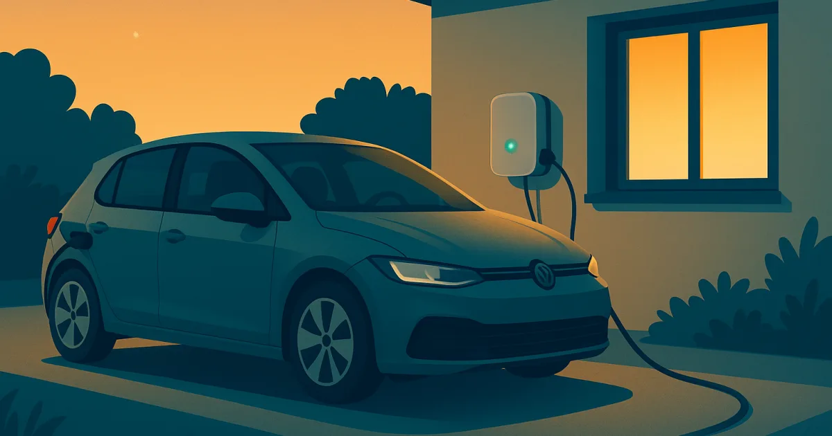 Illustration éditoriale d'une voiture électrique en recharge sur une borne murale au crépuscule