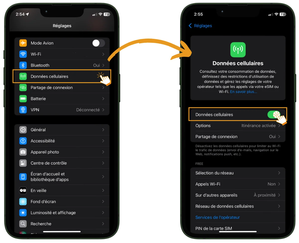 Écran de réglages iPhone pour activer les données cellulaires