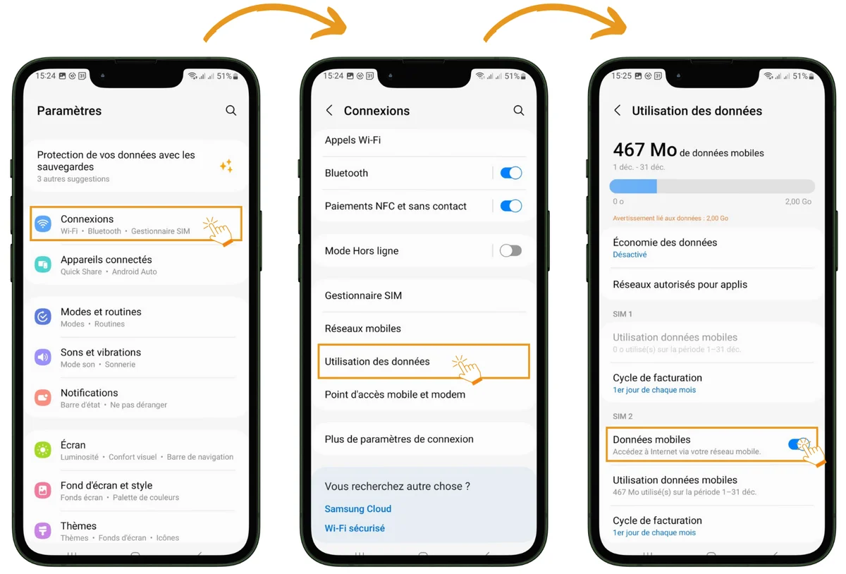 Écran de réglages Android pour activer les données mobiles