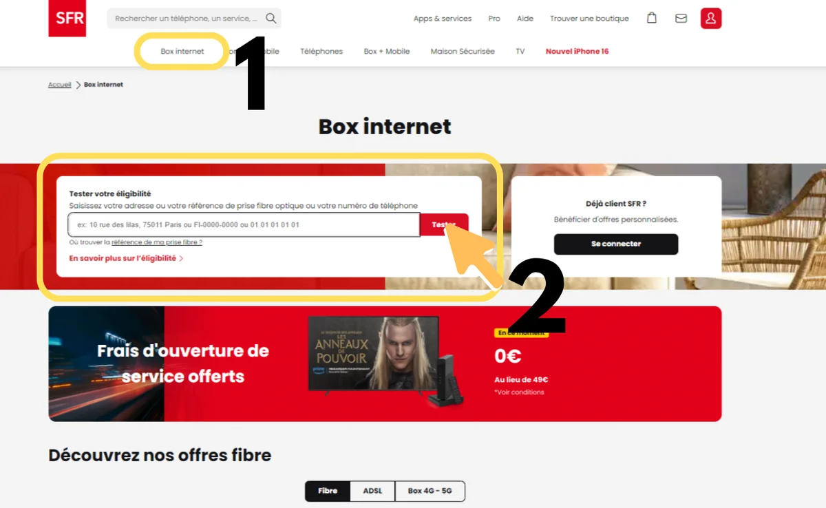 Capture du test d'éligibilité fibre SFR sur sfr.fr avec saisie d'adresse postale