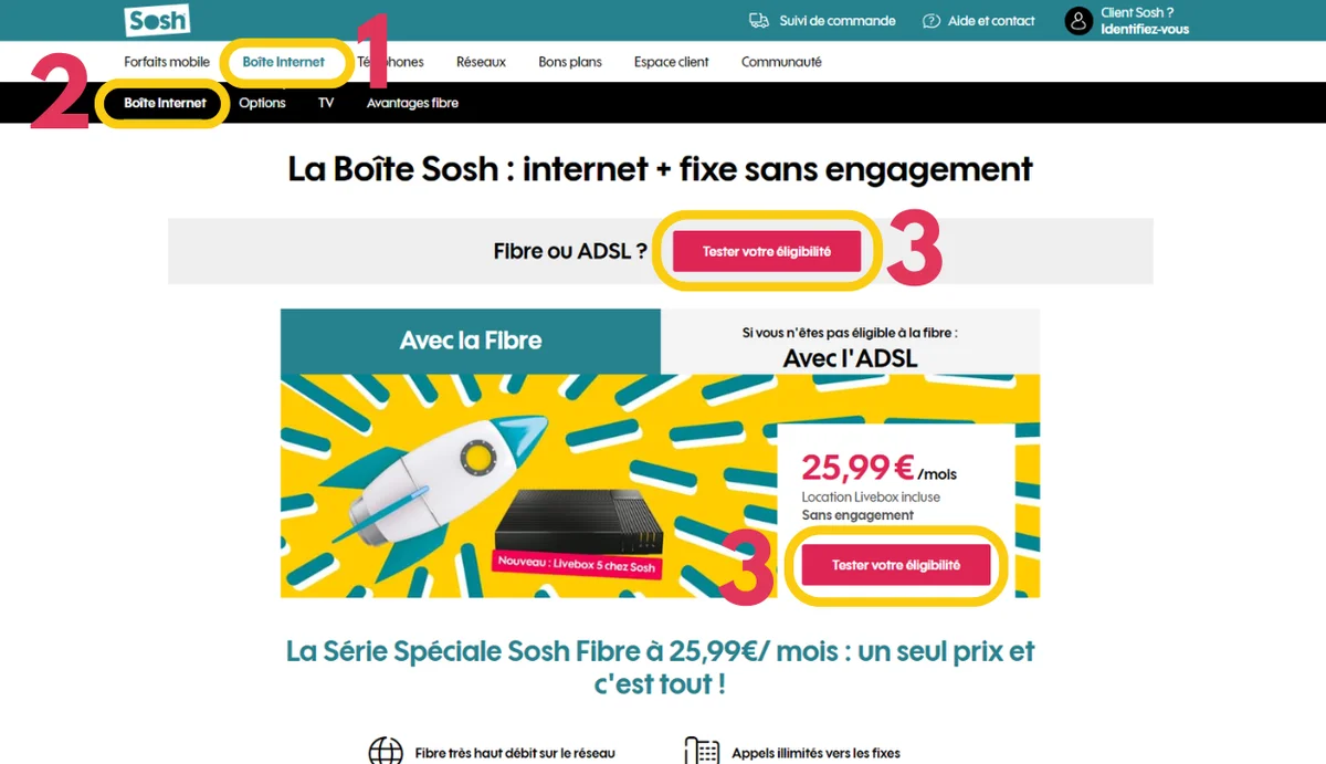 Résultat d'un test d'éligibilité fibre et ADSL Sosh