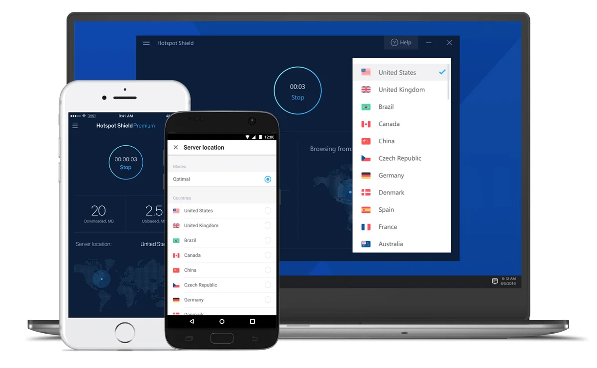 Interface de Hotspot Shield connecté